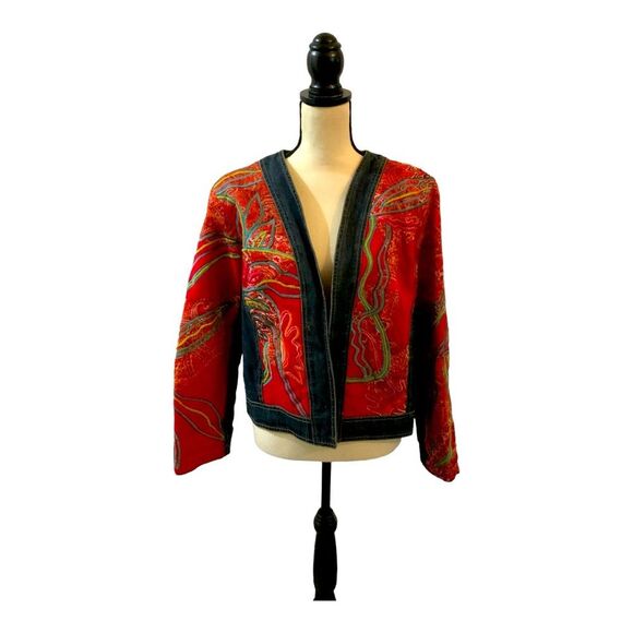 CHICO'S embroidered applique denim trimmed semi-cropped Jacket Size 2 US Medium - Picture 1 of 8